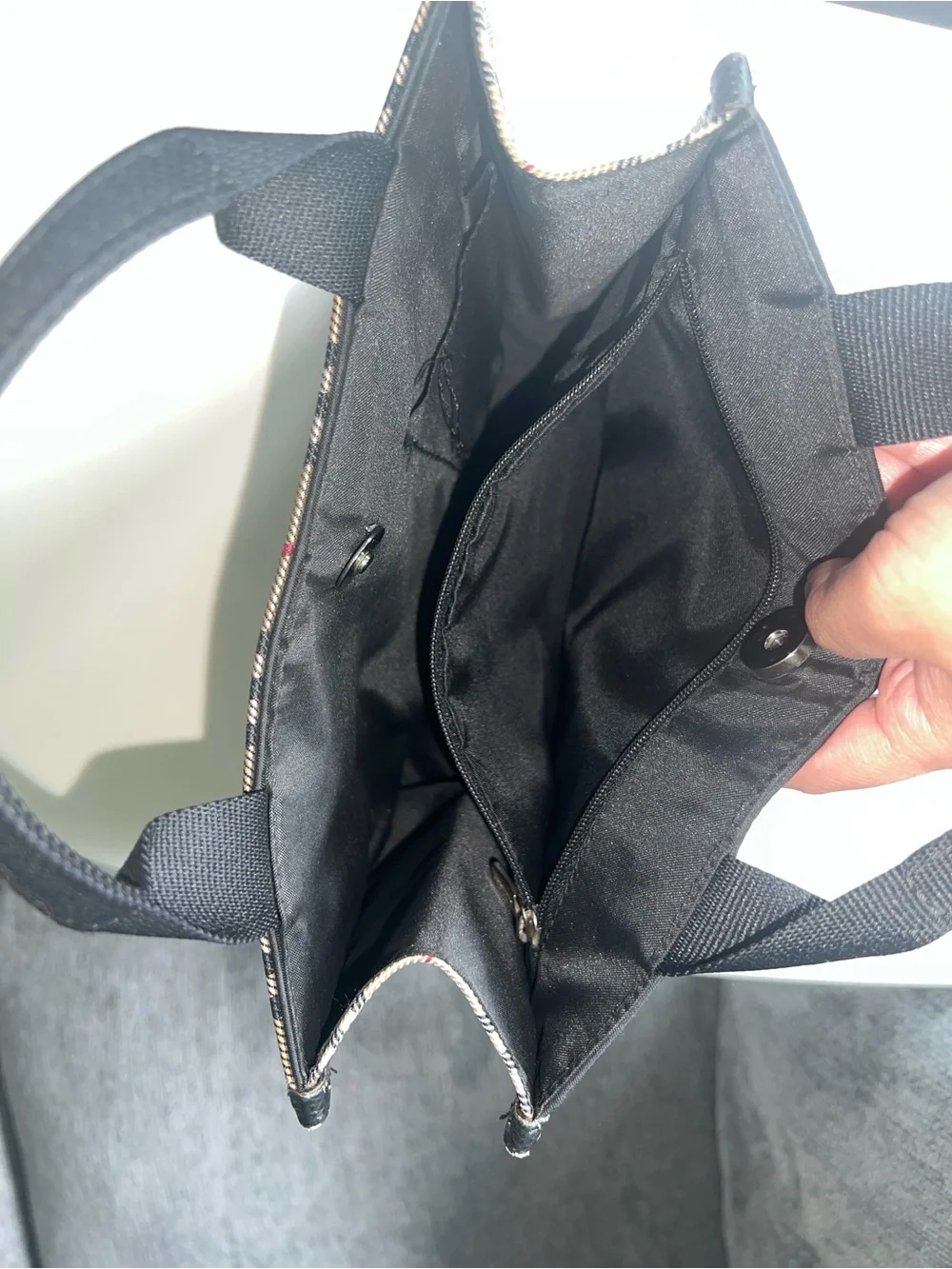 Burberry Black Canvas Tote with Beige Plaid Trim - Handheld Bag